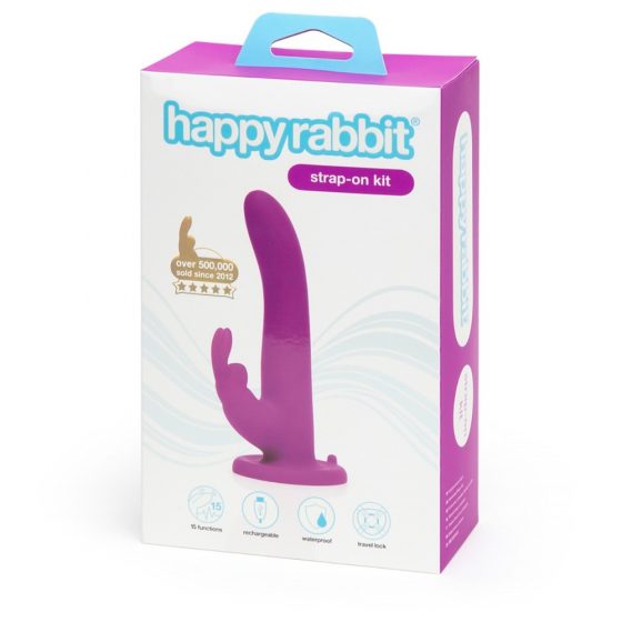 Happyrabbit Strap-On - вибратор с каишка за зайче (лилав)