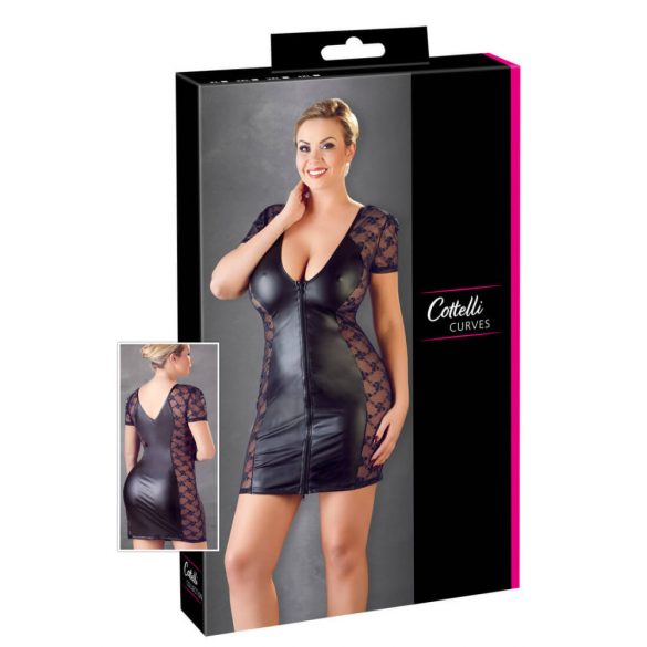 Cottelli Plus Size - Комбинирана рокля с панделка и дантела (черна) - 3XL